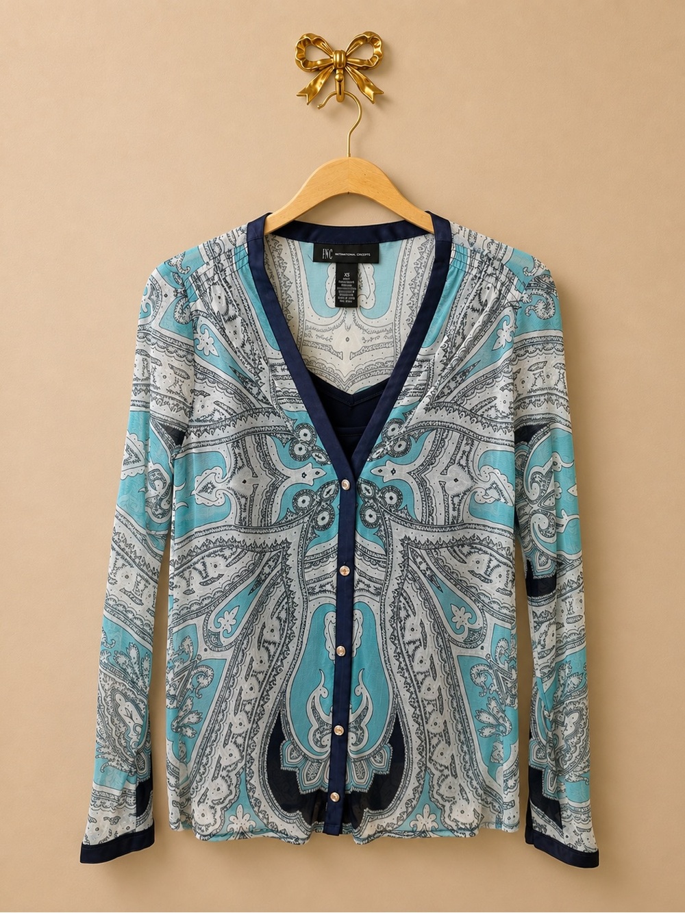 INC International Concepts Aqua Paisley Button-Front Blouse with Navy Trim